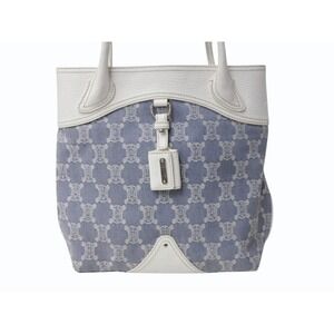 Celine White Bag Tote Macadam Denim Leather Navy Blue